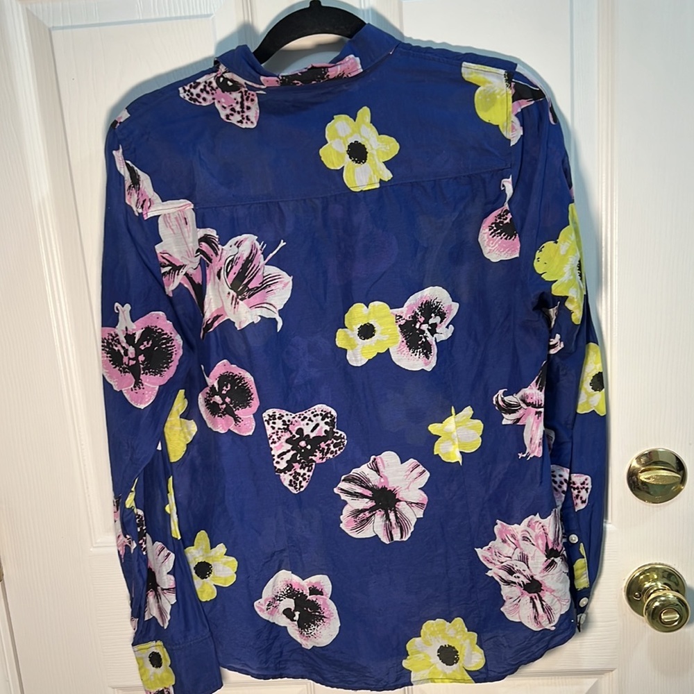 J. Crew Blue Floral Button-Up Top with Pink and Yellow Accents